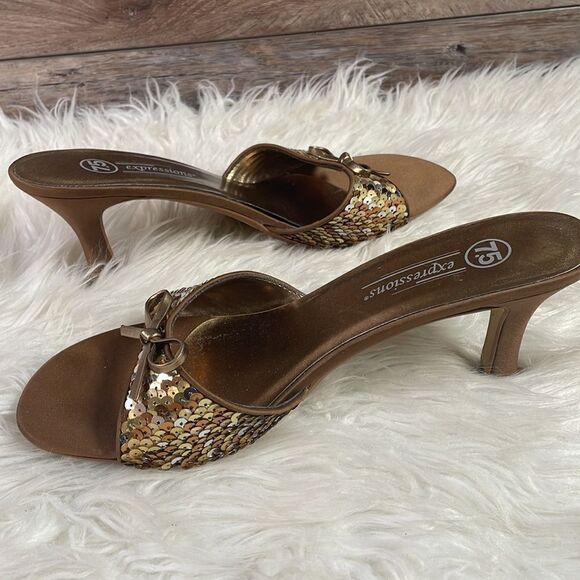 Expressions Sequined Slide In Heels, Size 7.5, Goldtone and Bronzetone Sequins - Picture 7 of 12